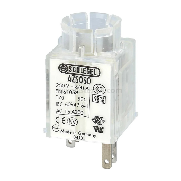 AZSOSO-Product-Image-1-1-1-600x600.png Schlegel AZSOSO contact block for E-Stops with failure switch-off Momentary 3 / 6 mm Faston Terminals 2.8 X 0.8 Mm 2 x NC AZSOSO